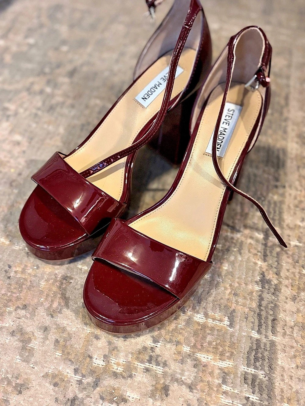 Steve Madden Patent Block Heel Platform Sandal Burgundy